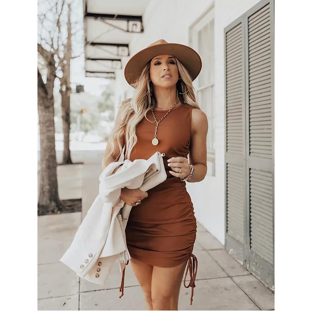 Camel brown tan Sleeveless Bodycon Ruched Dress Side Drawstring Solid Mini Dress